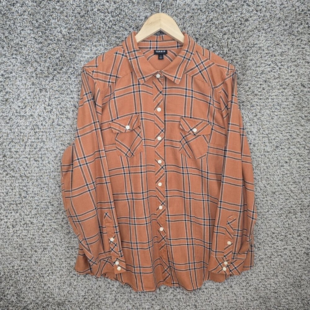 Torrid‎ Top Womens 1 US Plus 1X Dusty Orange Plaid Twill Button Up Casual Ladies